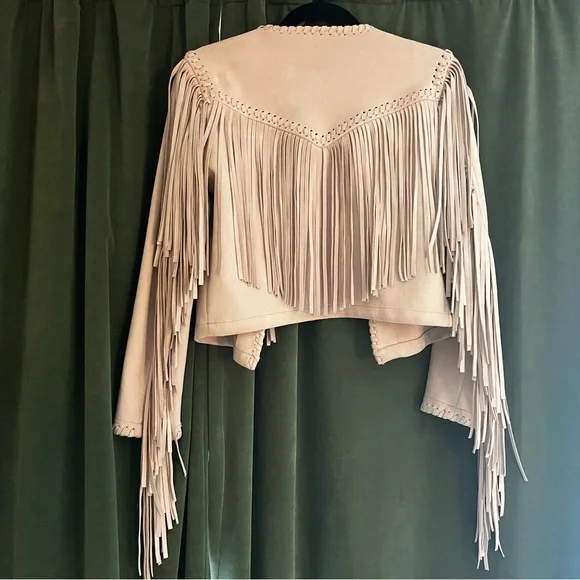 Zara Cream Faux Suede Jacket with Fringe Details - Picture 3 of 4